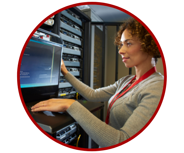 Woman working on server with red circle frame